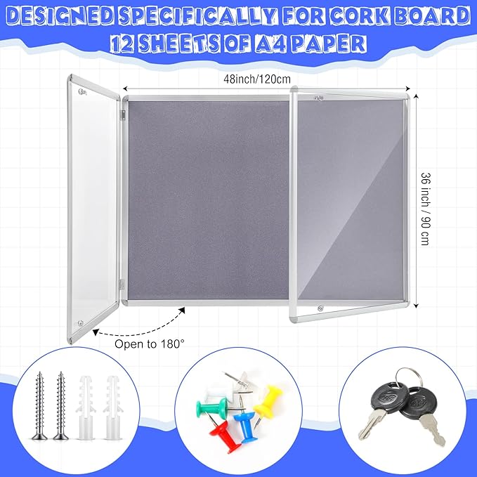 Enclosed Bulletin Board 48" x 36" Weather Resistant Lockable Notice Cork Display Board Wall Mounted 2 Locking Door for School Classroom Commercial Back to School, 12 x A4(Gray, Silver Frame)-DeskLoop Office