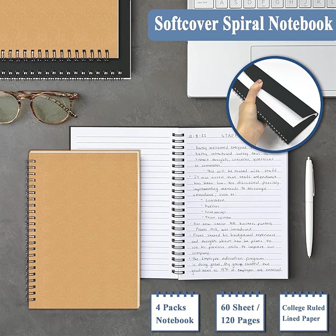 GINMLYDA Small Spiral Notebook A5, 2Pack 120 Lined Pages 8.25x5.5 Inches Spiral Journal Kraft Cover Notebooks & Writing Pads for School Home Office Aesthetic Sketch Drawing Note-DeskLoop Office