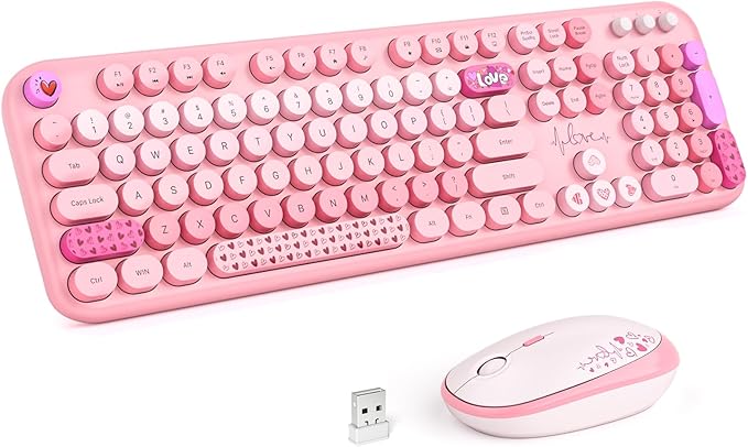 MOFII Wireless Keyboard and Mouse Combo, Full Size 2.4G Plug and Play Typewriter Retro Round Computer Keyboard and Mouse Set for Windows, Computer, Desktop, PC, Notebook - (Pink Colorful)-DeskLoop Office