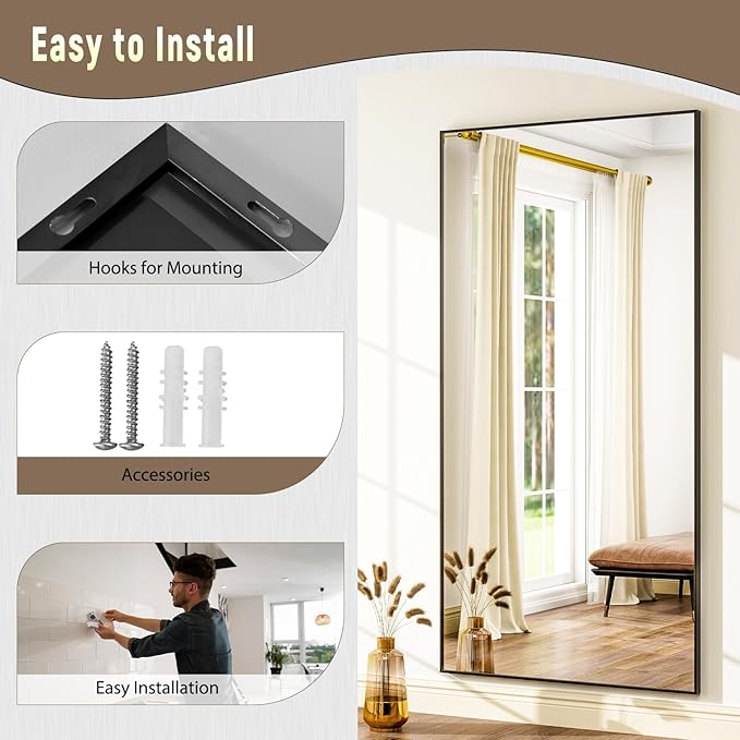 GLSLAND 76"x34" Full Length Mirror Extra Large Hanging or Leaning Rectangle Mirror Aluminum Alloy Thin Frame Bedroom Floor Dressing,Black-DeskLoop Office