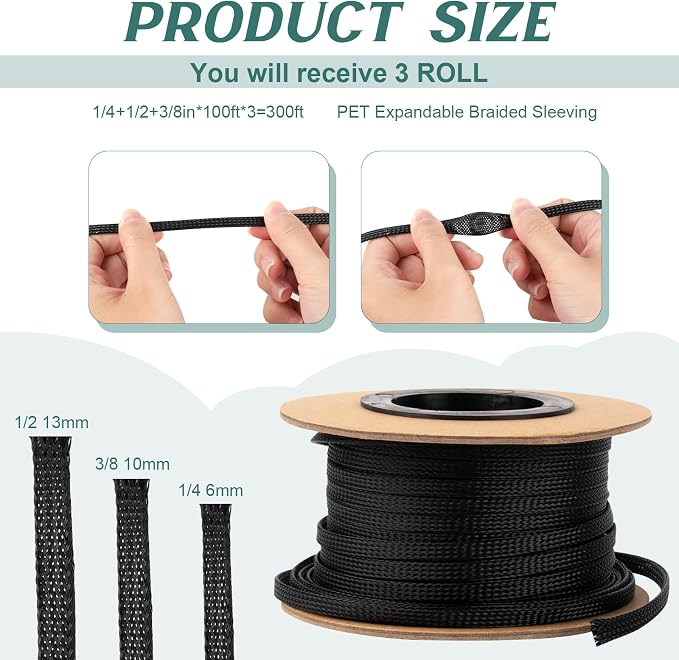 300 Feet 1/4, 3/8 Inches Braided Wire Loom PET Cable Loom Expandable Braided - Image 2