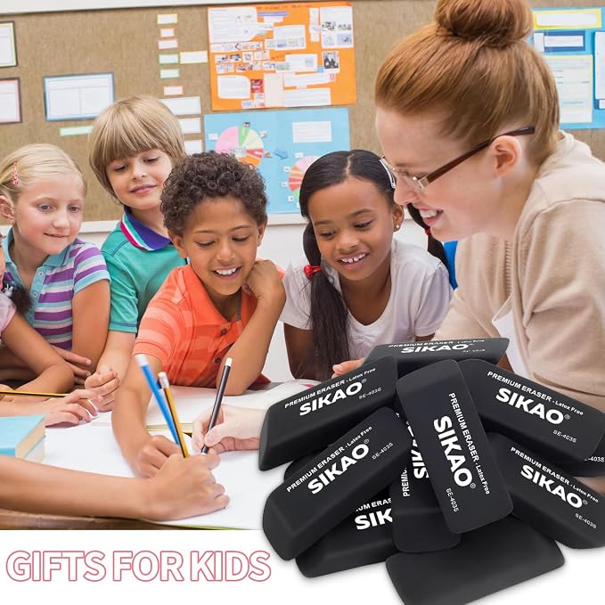 Black Erasers, 12 Pack Block Pencil Erasers | Latex-Free & Smudge-Free Beveled - Image 7