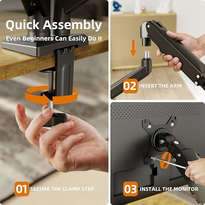 Claiks Dual Monitor Mount for 15-32 Screens, Ergonomic Gas Spring Monitor Arm for, Adjustable Computer Monitor Stand up to 40 lbs, with Clamp and Grommet Base, VESA Mounting Holes 75&100mm, Black-DeskLoop Office