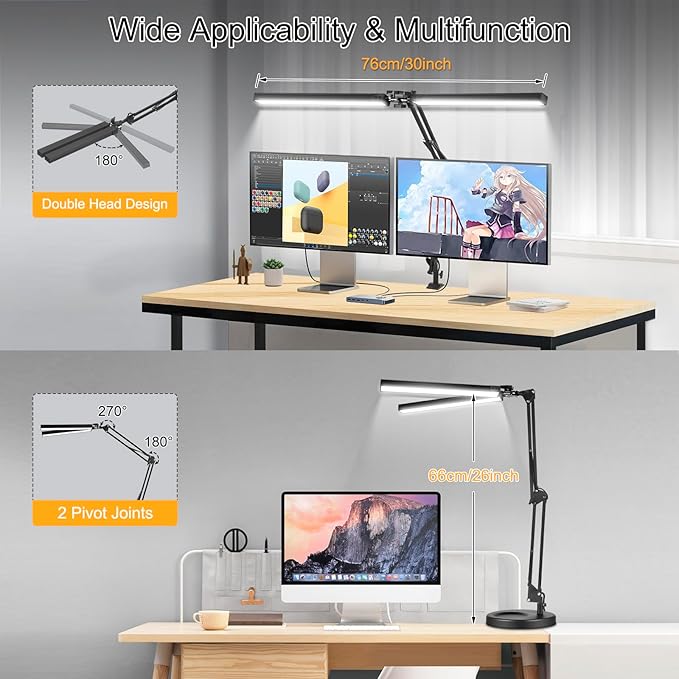 2-in-1 LED Desk Lamp, 24W Brightestwith Table Lamp with Clamp, Desk Light with Flexible Swing Arm,3 Color Modes Stepless Dimmable Double Head Architect Desk Lamps for Home Office Workbench Reading-DeskLoop Office