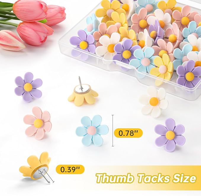 50Pcs Flower Push Pins, 5 Colors Fun Decorative Thumbtacks, Cute Push Pins - Image 2