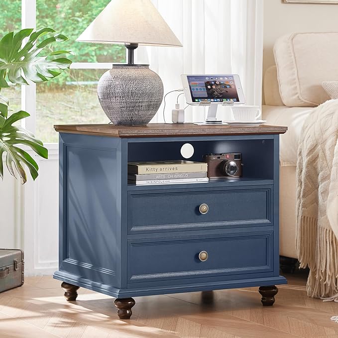24" Wide Farmhouse Nightstand with Charging Station, End Table with 2 Drawers, Blue Wood Dresser for Bedroom Cabinet, Bed Side Table Chest of Drawers, Night Stand for Living Room, Closet-DeskLoop Office