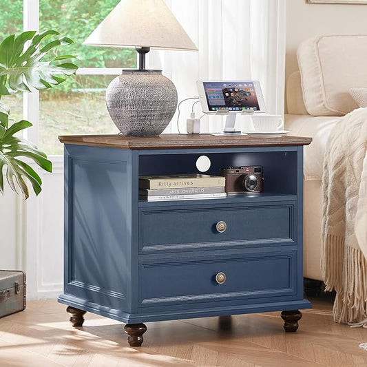 24" Wide Farmhouse Nightstand with Charging Station, End Table with 2 Drawers, Blue Wood Dresser for Bedroom Cabinet, Bed Side Table Chest of Drawers, Night Stand for Living Room, Closet-DeskLoop Office