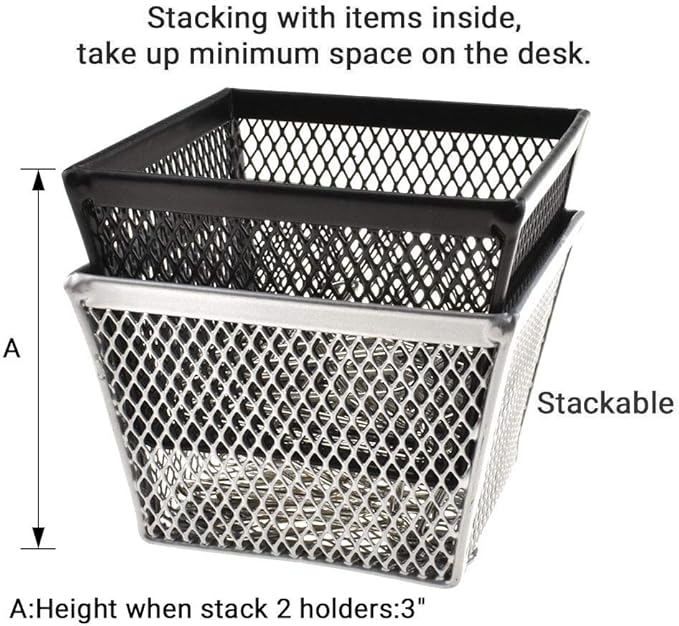 HAHIYO Stackable Paper Clip Mesh Holder Cup 2.2" Height 4 Pack Sturdy Paperclip Holder Container for Desk Drawer Organizer Collection for Home Office School Black Silver Soft Foam Feet No Sharp Edges-DeskLoop Office