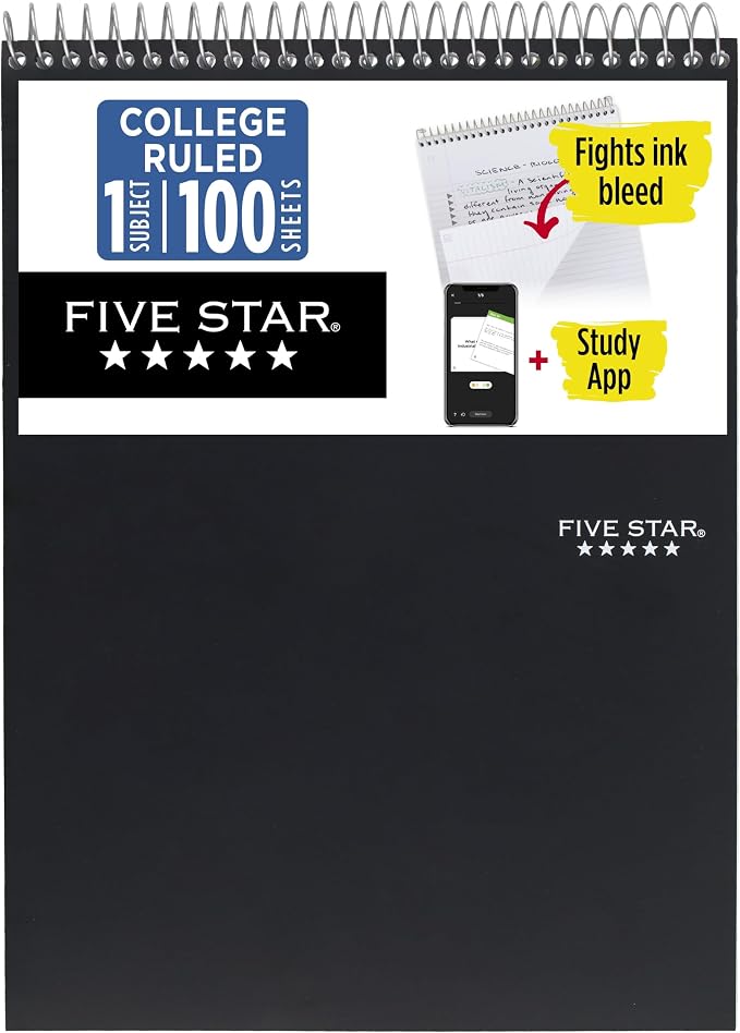 Five Star Top Spiral Notebook + Study App, 1 Subject, College Ruled Notepad by FiveStar
