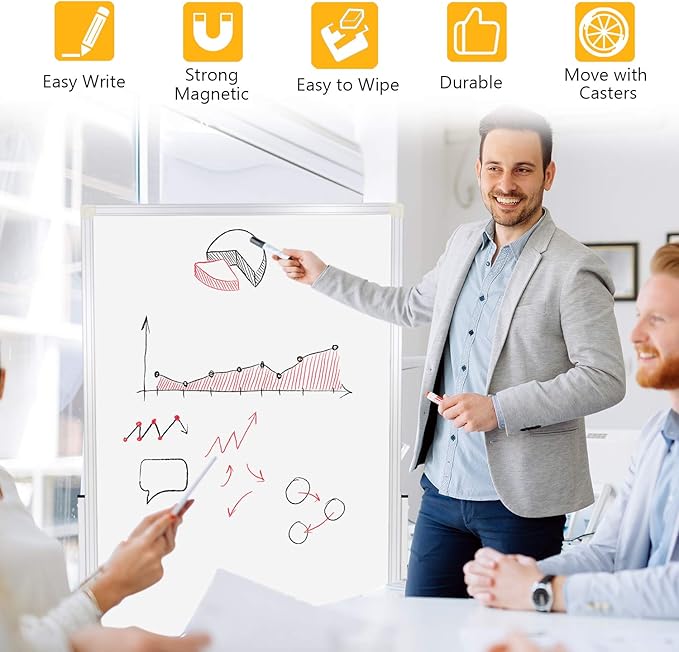 H-Qprobd 24"x36" Dry Erase Board with Stand - Adjustable Height Double Side Mobile Magnetic Rolling Whiteboard on Wheels for Home, Office & School-DeskLoop Office