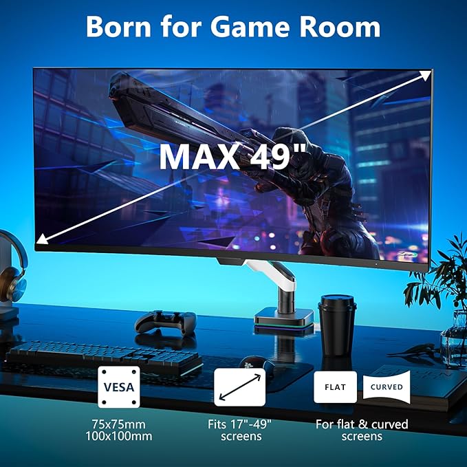 WALI Heavy Duty Monitor Arm, Monitor Stand for Screen up to 49 inch, 44 lbs, Aluminum Ultrawide Computer Mount for Samsung Odyssey G9, Adjustable, Mounting Holes 75 and 100 (GAM001XL), White-DeskLoop Office