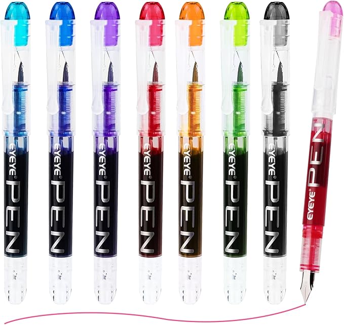EYEYE Disposable Fountain Pens, 8 Pack Multicolor Fine Point Fountain Pens for Writing, Stainless Steel Nib, Smooth Writing for Calligraphy, Journaling, Drafting, Sketching, Doodling & Gifts-DeskLoop Office
