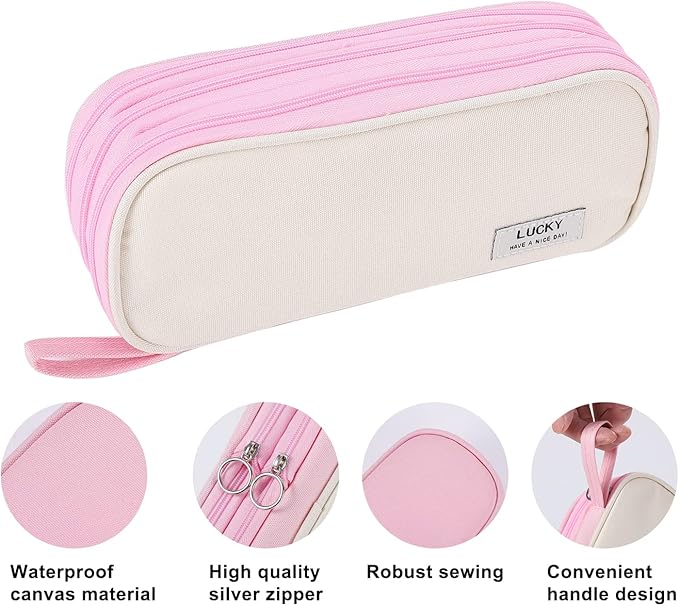 Big Pencil Case Zipper Pencil Pouch Organizer Large Capacity Pen Bag with Handle Portable for Girls Kids Adults Gift Pen Case for School Home Office Light-pink-DeskLoop Office