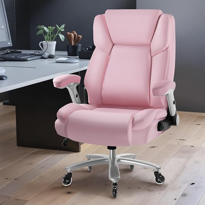 Big and Tall Office Chair 600lbs, Heavy Duty Executive Office Chair for Heavy People, Pink High Back Office Leather Ergonomic Chair with Adjustable Armrests and Lumbar Support for Computer Desk Chair-DeskLoop Office