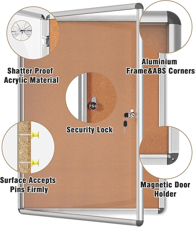38"x28" Enclosed Bulletin Board, Lockable Weather-Resistant Aluminum Cork Noticeboard for School & Office, Silver Frame w/Cork-DeskLoop Office