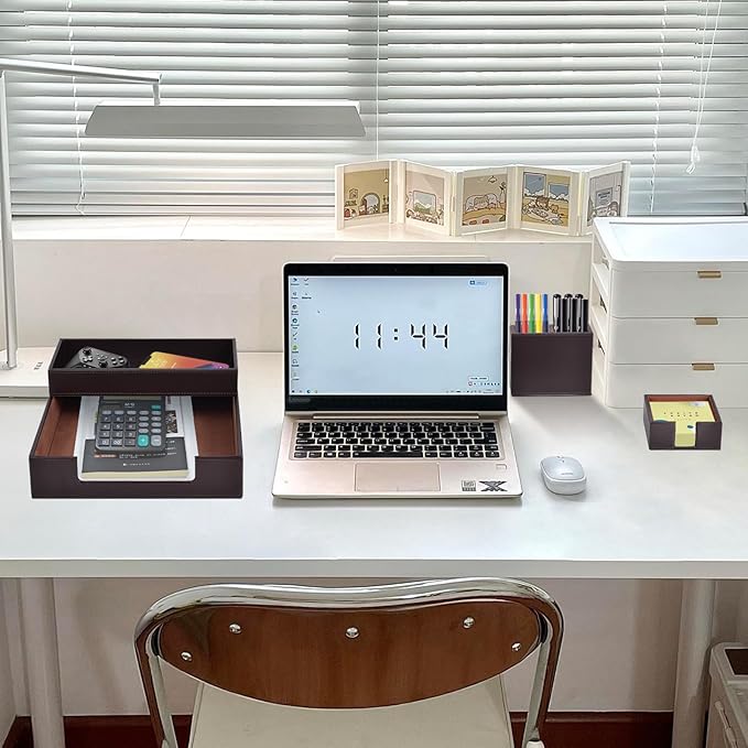 4 Pack Leather Office Supplies/Desk Organizer for Letter Paper Tray,Sticky Note Holder,Pen Cup,Stackable Small Letter Mail Sorter Tray,Workspace Decor for Women Men (Brown, 4-piece set)-DeskLoop Office