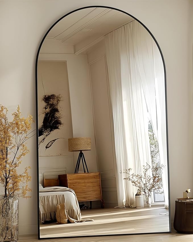 Full Length Mirror, 91"x46" Oversized Floor Mirror Freestanding, Full Body Mirror Floor Standing Mirrors with Stand, Hanging Mounted Mirrors for Bedroom Living Room, Black, Arched Style-DeskLoop Office