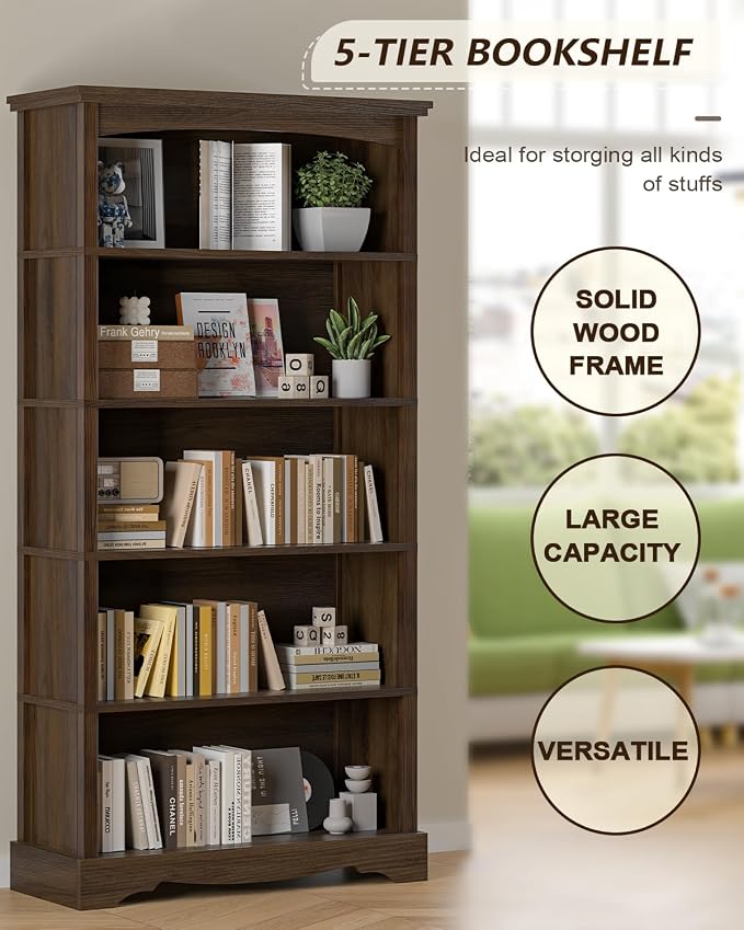TVU 5-Tier Wooden Bookshelf, 65 Inch Tall Bookshelf - Image 4
