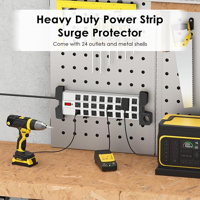 HHSOET Heavy Duty Power Strip with Surge Protection, Industrial Commercial Metal 24 Outlets Wall Mount for Garage Shop, 15 Amp, Switch, 6FT Extension Cord, Grey.-DeskLoop Office