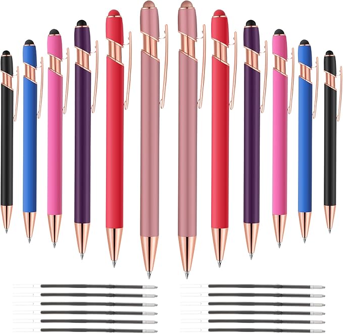12 PCS 2 in 1 Stylus Ballpoint Pen with Stylus Tip, 1.0 mm Black Ink Metal Pen Stylus Pen for Touch Screens (Rose glod & 6 Colors)-DeskLoop Office
