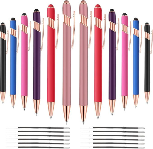 12 PCS 2 in 1 Stylus Ballpoint Pen with Stylus Tip, 1.0 mm Black Ink Metal Pen Stylus Pen for Touch Screens (Rose glod & 6 Colors)-DeskLoop Office