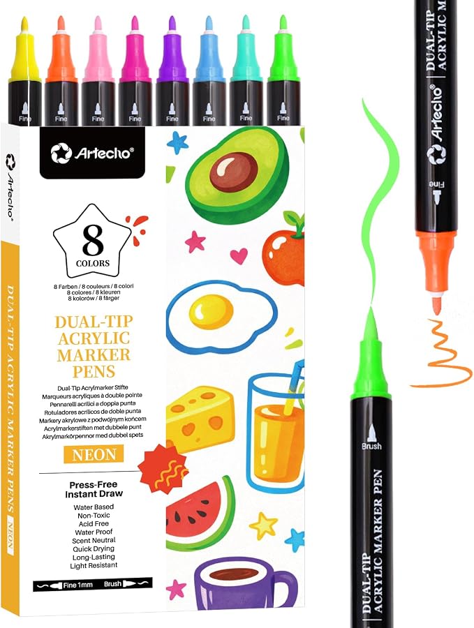 Artecho Acrylic Paint Markers 8 Fluorescent Colors, by Artecho