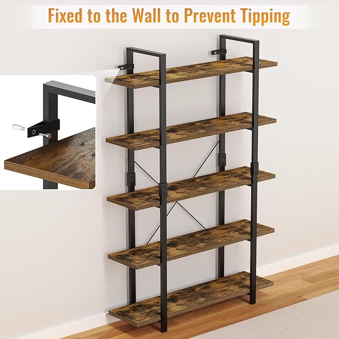FRAPOW 5 Tier Bookshelf, 70 inch Tall Solid Bookcase Industrial Wooden Bookshelves Large Wall Etagere Rustic Vintage Book Shelf with Metal Frame Open Storage Rack for Living Room Home Office-DeskLoop Office
