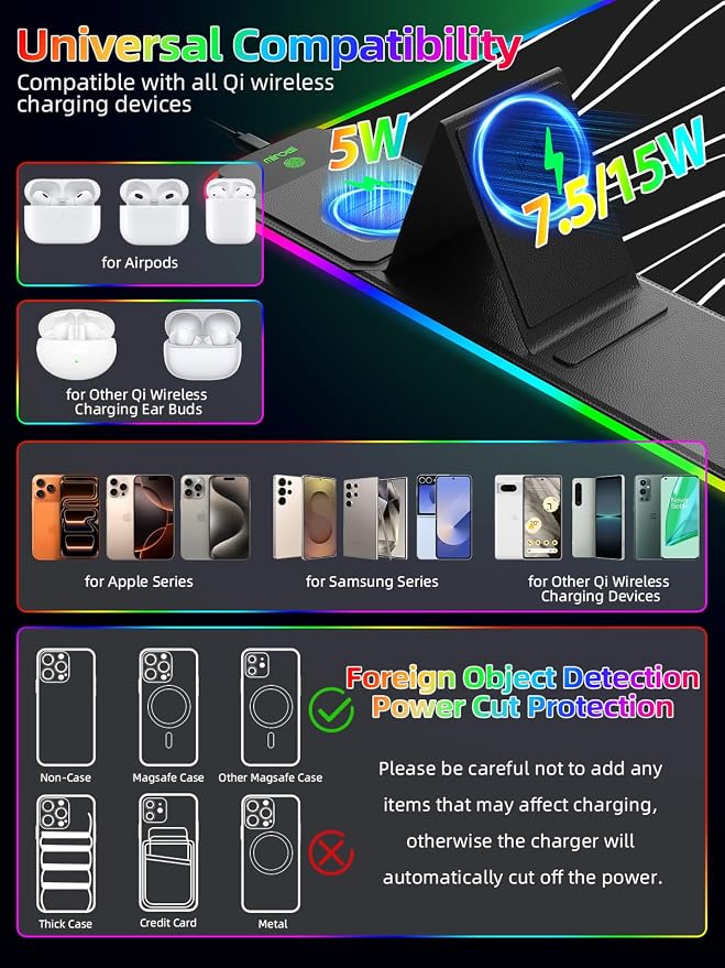 Mouse Pad with Foldable Phone Holder & Wireless Charger, XXL RGB Gaming - Image 3