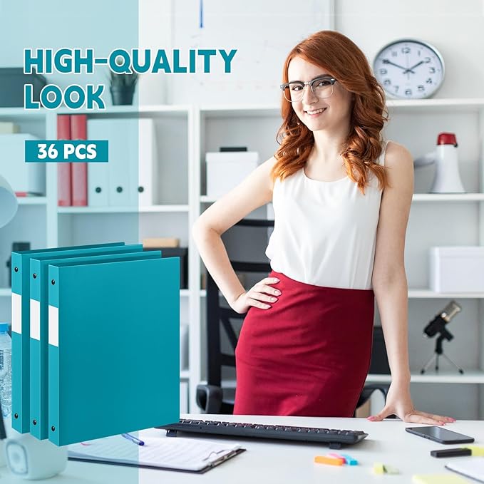 Henoyso 36 Pcs 3 Ring Binder 1/2'' Round Fits Letter Size 8. 5'' x 11'' Paper Plastic Flexible Binder Holds 100 Sheets with 1 Pockets Versatile Organizer for Office Home School (Turquoise)-DeskLoop Office