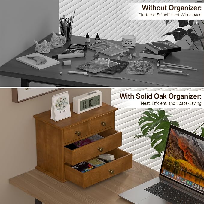 Oak Desk Organizer with Drawers, Durable Wooden Desktop Storage Box with Metal - Image 5