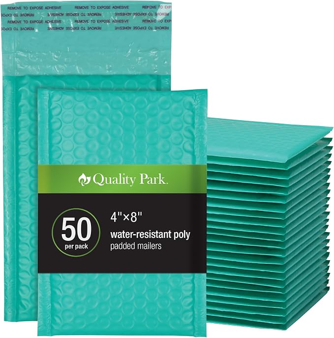 Quality Park Bubble Mailers, 4 x 8 Shipping Envelopes, Small Teal Padded by Quality+Park