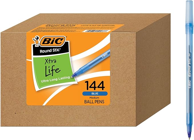 BIC Round Stic Xtra Life Blue Ballpoint Pens, Medium Point, 144-Count Pack of by BIC