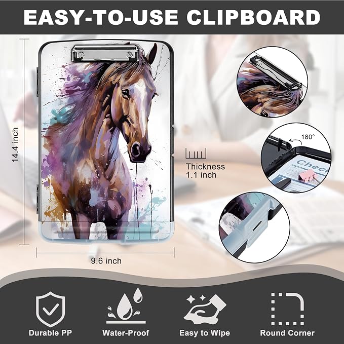 Cute Watercolor Horse Heavy Duty Plastic Storage Clipboard - Image 2