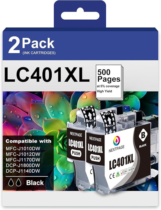 LC401XL Black Ink Cartridges High Yield Compatible for Brother LC401 XL LC401XL Black Ink Cartridges for Brother MFC-J1010DW MFC-J1012DW MFC-J1170DW Printer - 2 Pack LC401XLBK-DeskLoop Office