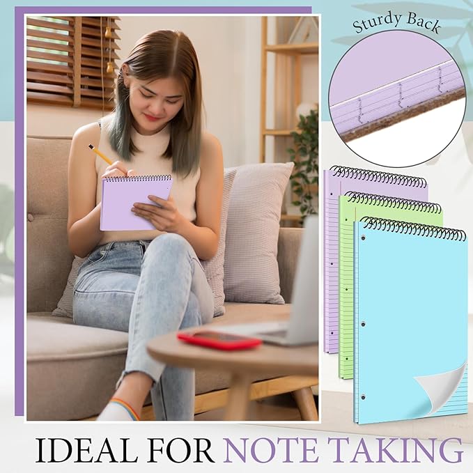 10 Packs 8.5" x 11" Top Spiral Notebook with 3 Hole Punched Legal Pads College Ruled Notepad 50 Sheets Hard Cardboard Paper Wirebound Notepad for Office School Business (Green,Blue,Purple)-DeskLoop Office