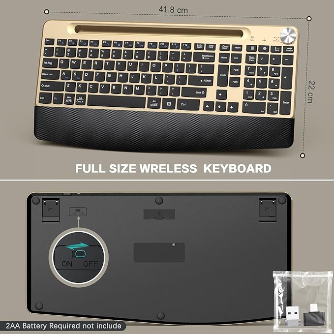 Ergonomic Wireless Keyboard and Mouse with Wrist Rest，Phone Holder - 2.4GHz Full-Sized Low-Profile Quiet Gold Wireless Mouse and Keyboard Combo for Computer, Laptop, PC, Mac-Gold