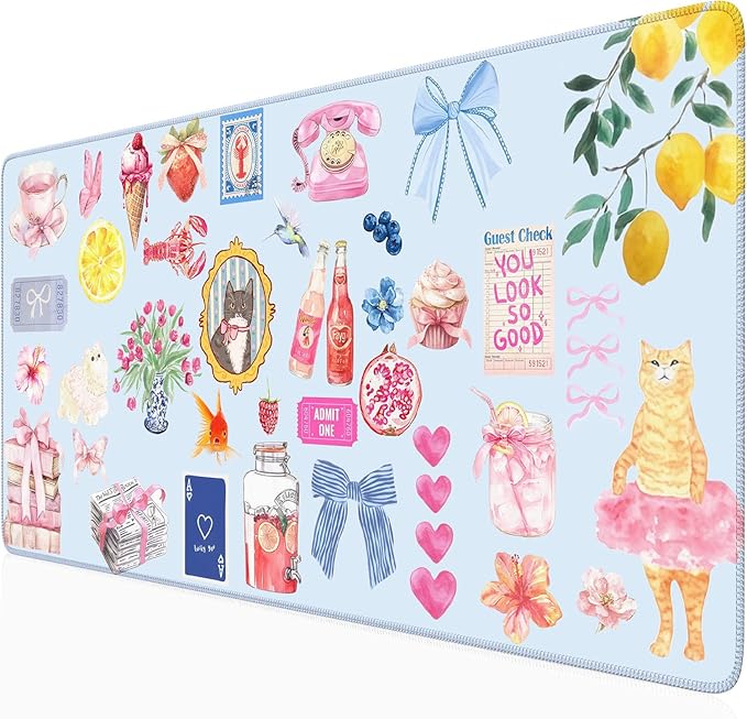 Cute Blue Desk Mat Kawaii Cat Mouse Pad Retro Vintage Large XXL Mousepad by Nasdalgias