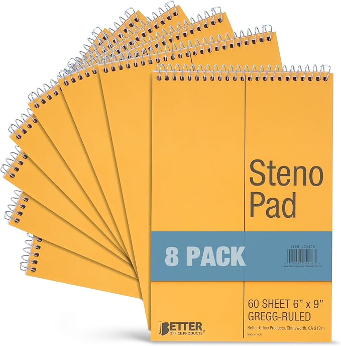 Better Office Products Spiral Steno Pads, 8 Pack, 6 x 9 inches, 60 Sheets by BetterOfficeProducts