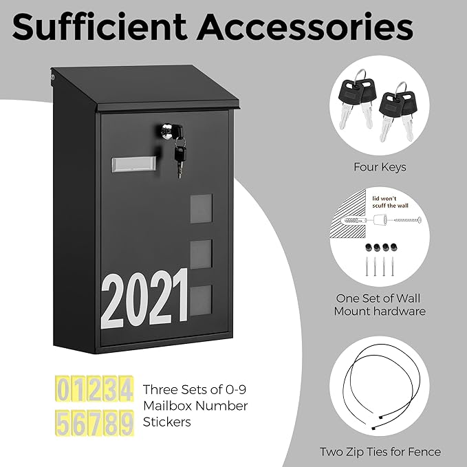 LAND·VOI Wall Mounted Mailbox with 4 Keys, Post Box for Wall and Fence, Viewing Windows, Nameplate, 3.94 x 9.8 x 15.6 Inches, Large Capacity, Includes Mailbox Numbers, Matt Black, AMB31B-DeskLoop Office