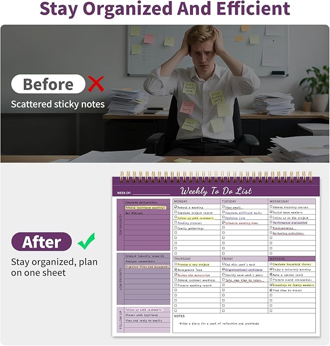Weekly To Do List Notepad, 52 Undated Sheets （8.5"×11") Duplex-printed Weekly Planner Notepad For Work Home School Office Desk Accessories Supplies & Goal Setting Tasks - Purple-DeskLoop Office