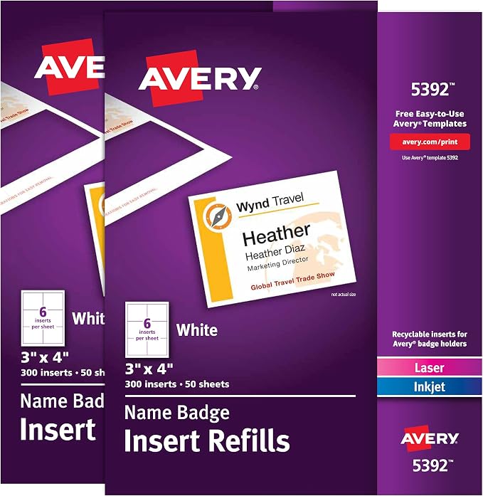 Avery Customizable Name Badge Inserts, 2 Packs of 300, 600 Printable Name Tag by Avery
