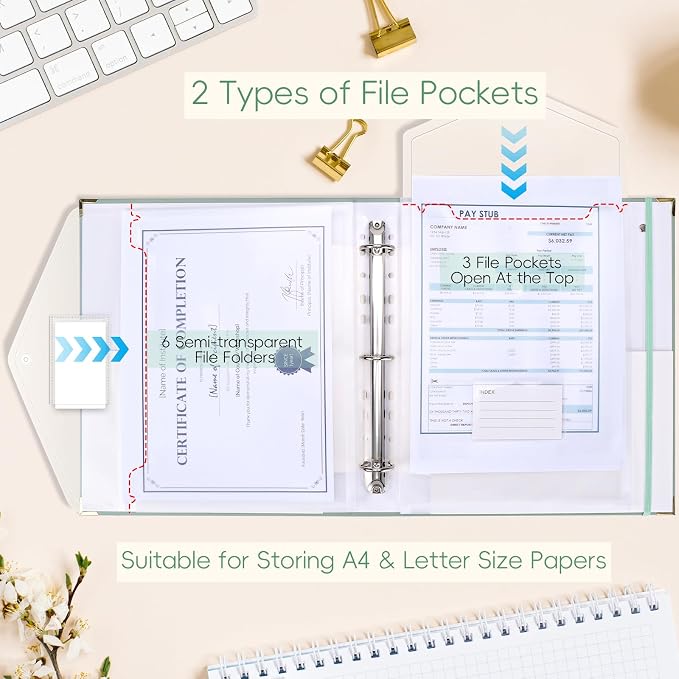 XKDOUS Document Organizer with Gold-Foiled Hardcover, 9 Pockets & Labels 3 Ring - Image 5