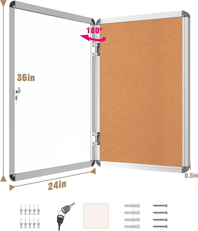 36"x24" Enclosed Bulletin Board, Lockable Weather-Resistant Aluminum Cork Noticeboard for School & Office, Silver Frame w/Cork-DeskLoop Office