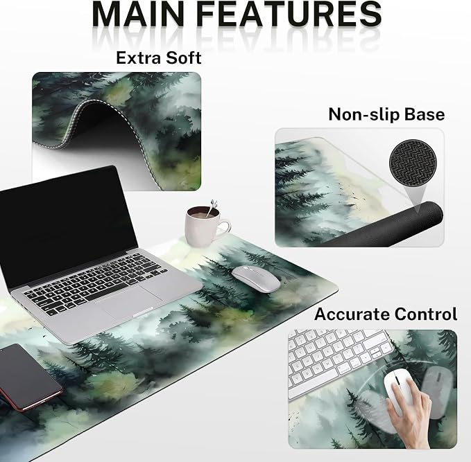 Britimes Green Ink Style Mountain Forest Keyboard Mouse Pad Set 4in1 Large - Image 3
