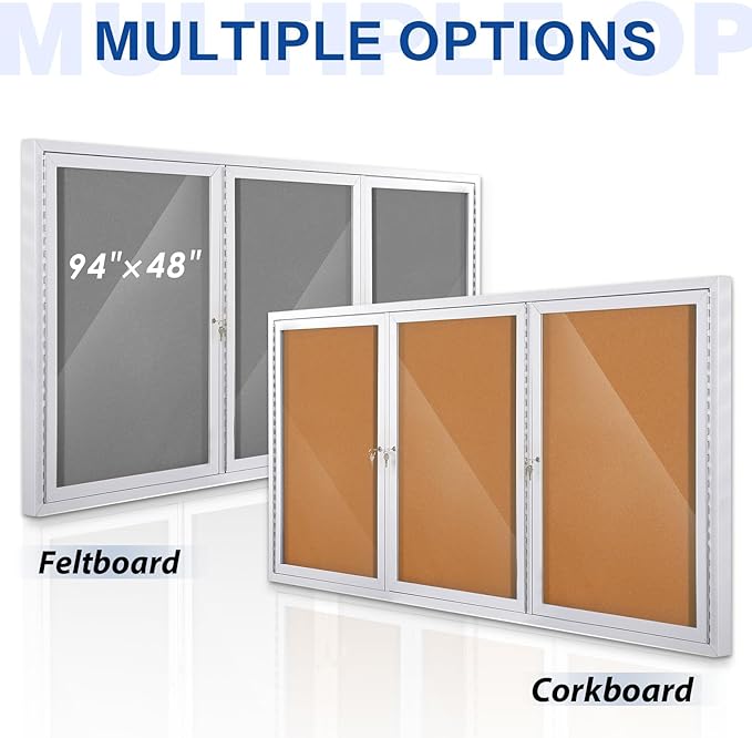 SWANCROWN Outdoor Bulletin Board 94x48in, Enclosed Bulletin Board with Locking Door for Office School Commerce, Grey Felt, Sliver Aluminum Frame-DeskLoop Office