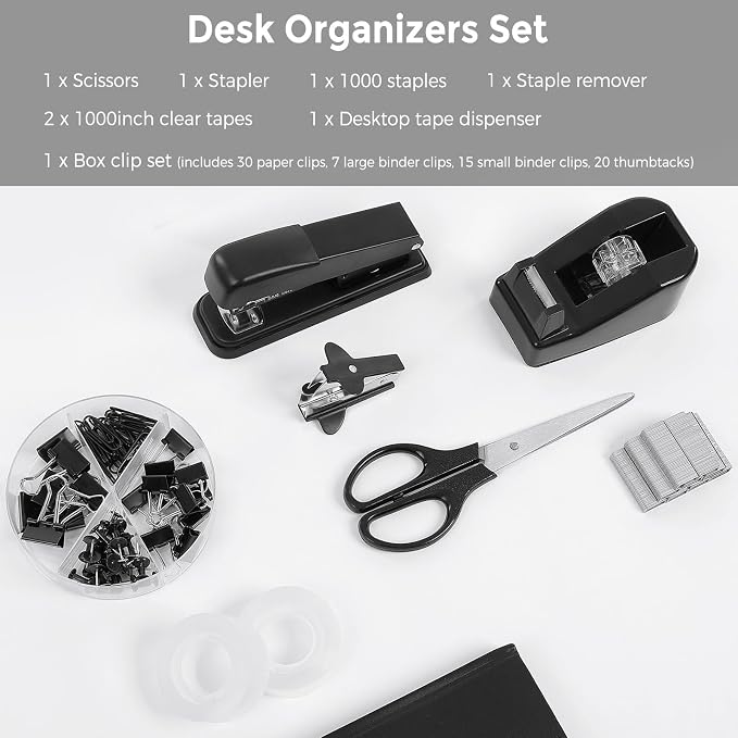 SKYDUE Black Office Supplies Set, Tape Dispenser, Binder/Paper Clips and - Image 3