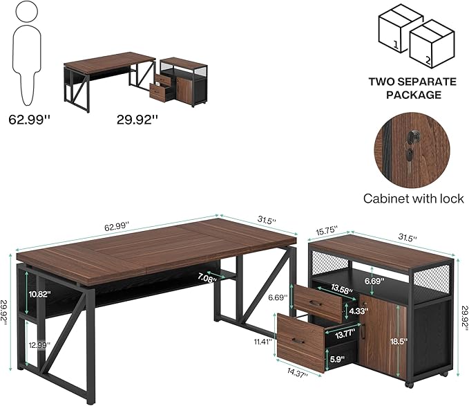Tribesigns Office Desk with Drawers Sets, 63 inches L Shaped Computer Desk with Mobile File Cabinet,Big Executive Desk for Home Office Furniture Sets (Dark Brown, 63-inch)-DeskLoop Office