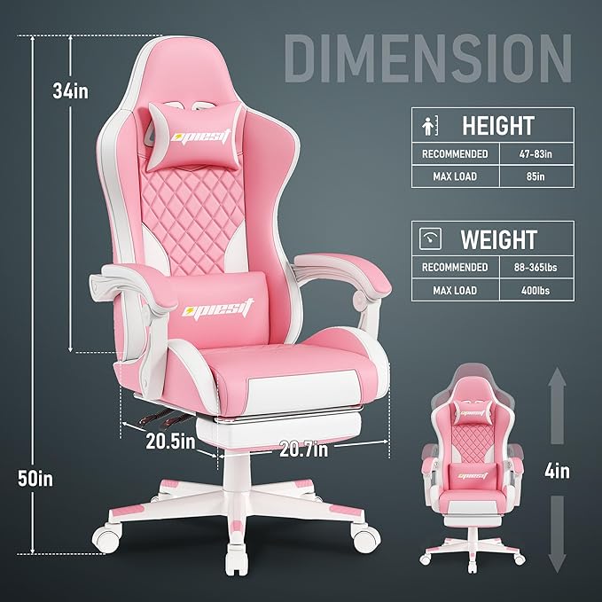 Gaming Chair,Ergonomic Computer Chairs for Adults with Footrest, PU Leather Office Chair with Adjustable Lumbar Support & Pocket Spring Cushion - Heavy Duty 400lb Capacity Gamer Chair (Pink)-DeskLoop Office