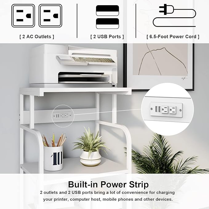 VEDECASA Mobile High Printer Stand with Power Outlet Charging Plugs USB Port Office Storage Shelf Includes Computer Tower CPU Stand Holder with Wheel (White)-DeskLoop Office