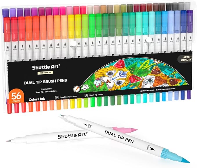 Shuttle Art Dual Brush Marker Pens, 56 Colors Water-based Ink, Dual Tip Calligraphy Pens Fineliner and Brush Tip perfect for Kids Adult Artist, Hand Lettering, Journal, Doodling, Writing-DeskLoop Office